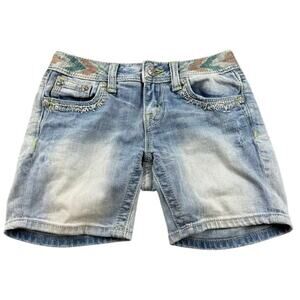 Miss Me Denim‎ Shorts Women 26 Blue Stretch Embroidery Mid Length Light Wash